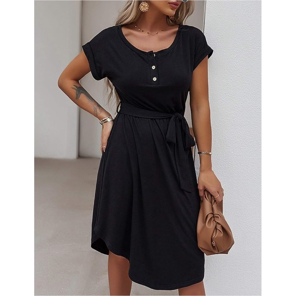 Belted Black T-Shirt Dress‎ Casual Button Down Short Sleeve Midi Dress XL NWOT